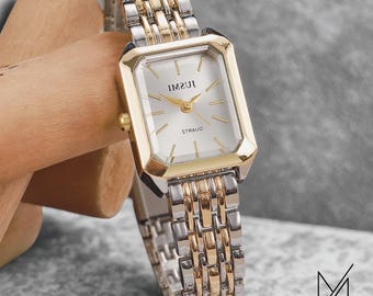 Square Dial Two Tone Watch Stainless Steel Minimalist Timepiece