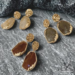 Textured Gold Drop Earrings, Irregular Stone Dangles, Boho Chic
