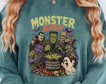Vintage Halloween Monster Mash Sweatshirt, Retro-Ästhetik Grafik-Oversize-Shirt für den Herbst