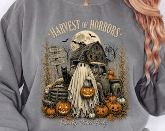 Vintage Halloween Sweatshirt, Unisex 90er Retro Rundhalsausschnitt, Gruseliger Kürbis-Hoodie mit Hexenmotiv