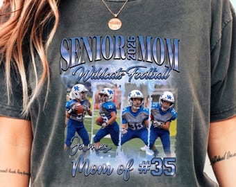 Maglietta personalizzata per la mamma di un giocatore di football del 2026, con foto personalizzate del giocatore, con nome e numero di maglia.