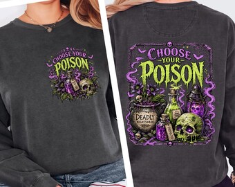 „Wähle dein Gift“-T-Shirt im Vintage-Stil mit Komfortfarben, Prinzessinnen-Halloween-T-Shirt, Kuzco-Giftapfel, Gruselsaison-Bösewicht-Cartoon