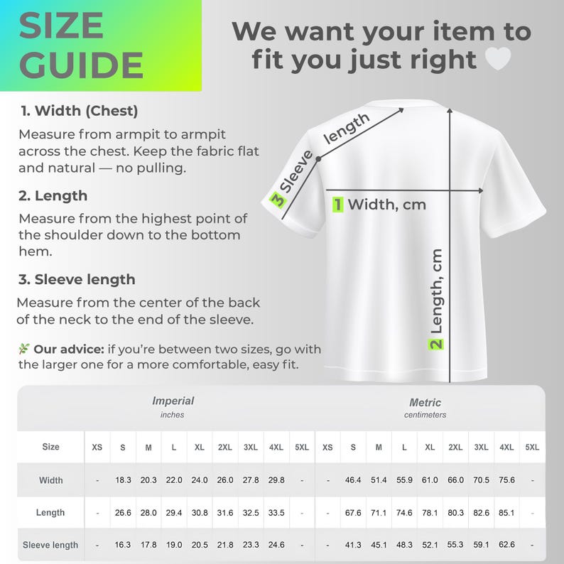 ICU nurse t-shirt size guide with detailed measurements for width, length, and sleeve, including US and metric sizing chart, helpful fit instructions for choosing the perfect size, healthcare worker apparel guide, RN shirt sizing reference, Etsy listing infographic, clear and user-friendly design, making online shopping easy and stress-free for the perfect comfortable fit 🤍📏