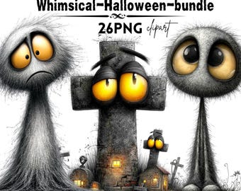 Whimsical Halloween Bundle, Cute Spooky Clipart PNG Bundle, Creepy Cute Ghost Clipart, Gothic Halloween PNG, Funny Monster Clipart,