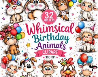 Whimsical Birthday Animals Clipart PNG Bundle, Cute Party Animal Sublimation Designs, Funny Birthday Animal PNG, Digital Download