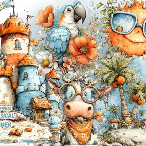 Op de afbeelding: Een grillige zomerillustratie met een cartoon koe, papegaai en zon, allemaal met een zonnebril. De afbeelding bevat een zandkasteel, palmbomen, bloemen en een ijsje. De tekst "46 PNGS WHIMSICAL SUMMER Clipart" is zichtbaar.