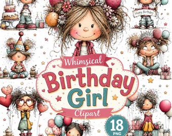 Whimsical Birthday Girl Clipart PNG, Cute Watercolor Party Girl Bundle, Kawaii Birthday Sublimation Design, Digital Download