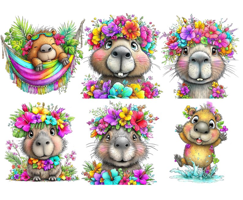 Summer Capybara Clipart Set PNG Summer Sticker Planner Kawaii Capibara ...