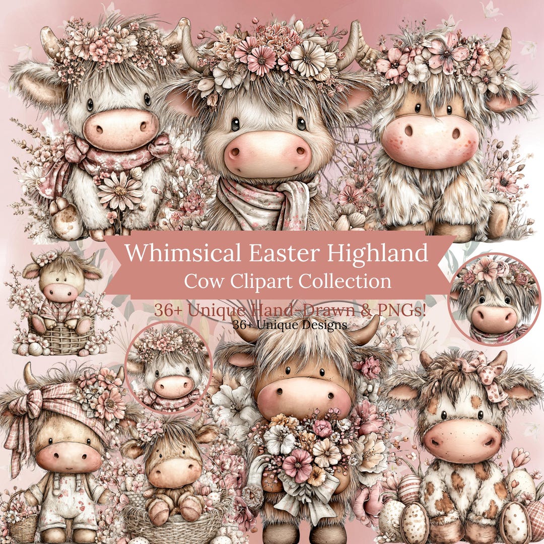 Easter Highland Cow Clipart Bundle PNG – 36 Cute Floral Baby Cow ...