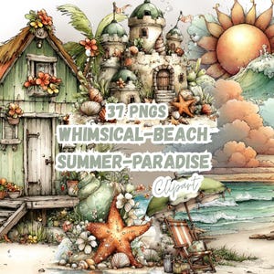 Op de afbeelding: Waterverfillustratie met een grillige strandscène met een groen huisje, een zandkasteel en een strandstoel. De afbeelding bevat de tekst "37 PNGs Whimsical-Beach Summer-Paradise Clipart."