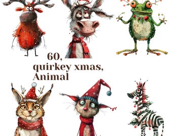 Christmas Animals Clipart: 60 Quirky PNG Designs (Commercial Use) (Digital Download)