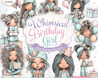 Whimsical Birthday Girl Clipart PNG, Cute Watercolor Party Girl Bundle, Kawaii Birthday Girl Sublimation Design, Digital Download