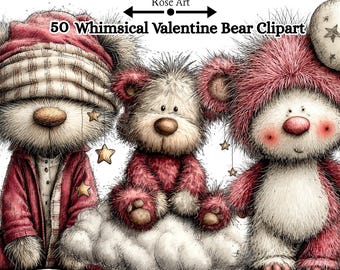 Könnte beinhalten: Digitales Clipart mit drei skurrilen Valentinstagsbären. Die Bären haben flauschiges Fell in Weiß- und Rosatönen und tragen Hüte und Mäntel. Das Bild enthält den Text "50 Whimsical Valentine Bear Clipart" und "Rose Art".