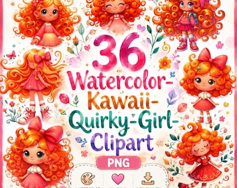 Watercolor Kawaii Quirky Girl Clipart PNG, Cute Party Girl Bundle, Trendy Birthday Girl Sublimation Design, Digital Download