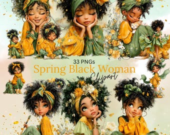 Spring Black Woman Clipart Bundle|Afro Girl Watercolor PNG|Cute Melanin Girl Art | Floral Spring Illustration|Sublimation PNG|Commercial Use