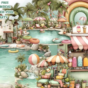 Könnte beinhalten: Aquarellillustration einer skurrilen Sommer-Poolparty-Szene. Das Bild zeigt einen Pool, Liegestühle, Sonnenschirme und eine Snackbar mit Eis. Der Text oben lautet "46 PNGS WHIMSICAL SUMMER-POOL PARTY Clipart."