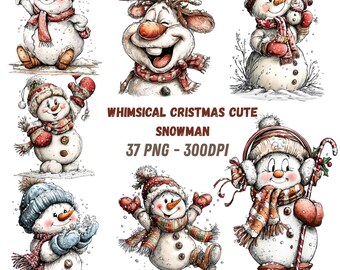 Cliparts Bonhomme de Neige Fantaisistes pour Noël, Fêtes de Fin d’Année – Téléchargement Numérique, JPG Haute Qualité, 30 PNG