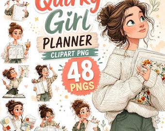 Quirky Girl Planner PNG Bundle, Cute Planner Stickers Clipart, Journal Girl Graphics, Digital Planner Elements, Commercial Use