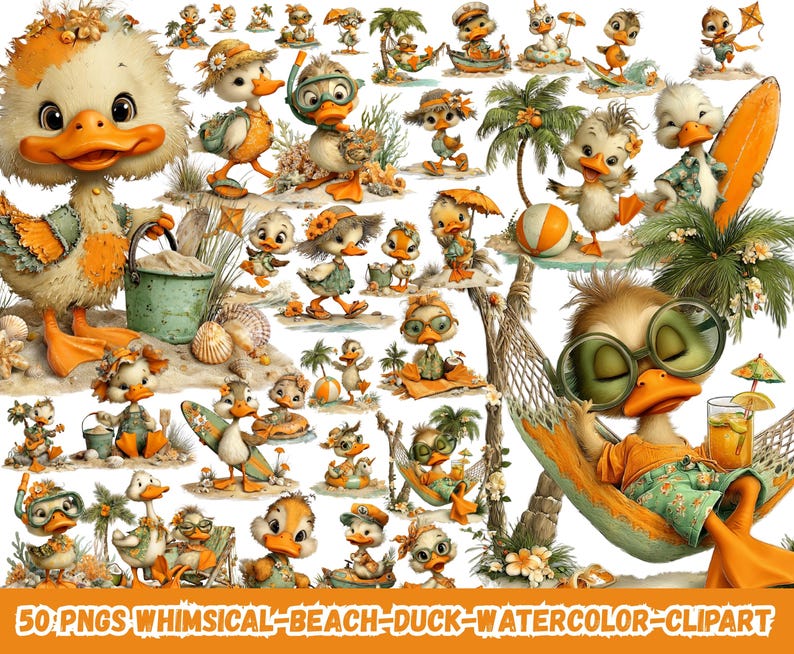 Whimsical Beach Duck Watercolor Clipart Bundle PNG, Cute Summer Duck ...