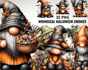 Whimsical Halloween Gnomes Clipart PNG Bundle, Cute Halloween Gnome PNG, Witch Gnome Clipart, Fall Gnome, Pumpkin PNG, Sublimation