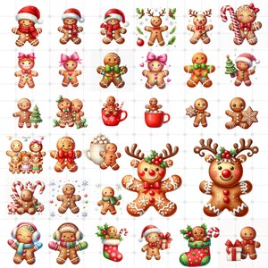 Pode incluir: Uma coleção de ilustrações em aquarela com bonecos de gengibre em várias poses festivas. Alguns usam gorros de Papai Noel, cachecóis e laços, enquanto outros seguram bengalas doces ou presentes. Os desenhos incluem renas e bonecos de gengibre em canecas.