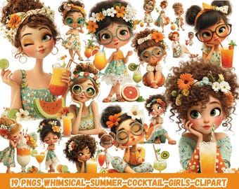 Whimsical Summer Cocktail Girls Clipart Bundle PNG, Cute Beach Girl Watercolor Clipart, Tropical Vacation Girls, Funny Summer Drink PNG