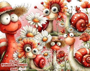 32 Watercolor Snail Summer Clipart PNG, Whimsical Snail Illustration, Whimsical Summer Snail