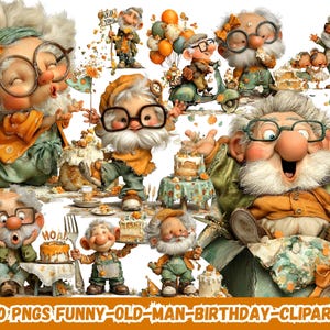Könnte beinhalten: Eine Sammlung von Cartoon-Bildern eines alten Mannes, der einen Geburtstag feiert. Die Illustrationen zeigen den Mann mit weißem Bart, Brille und verschiedenen Outfits, der Kuchen und Luftballons hält und Roller fährt. Die Farbpalette umfasst Orange, Grün und Braun.