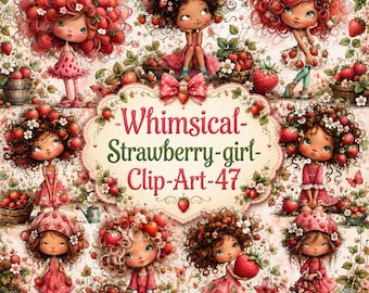 Whimsical Strawberry Girl Clipart Bundle PNG, Cute Summer Fruit Girl Illustration, Kawaii Kids Digital Download