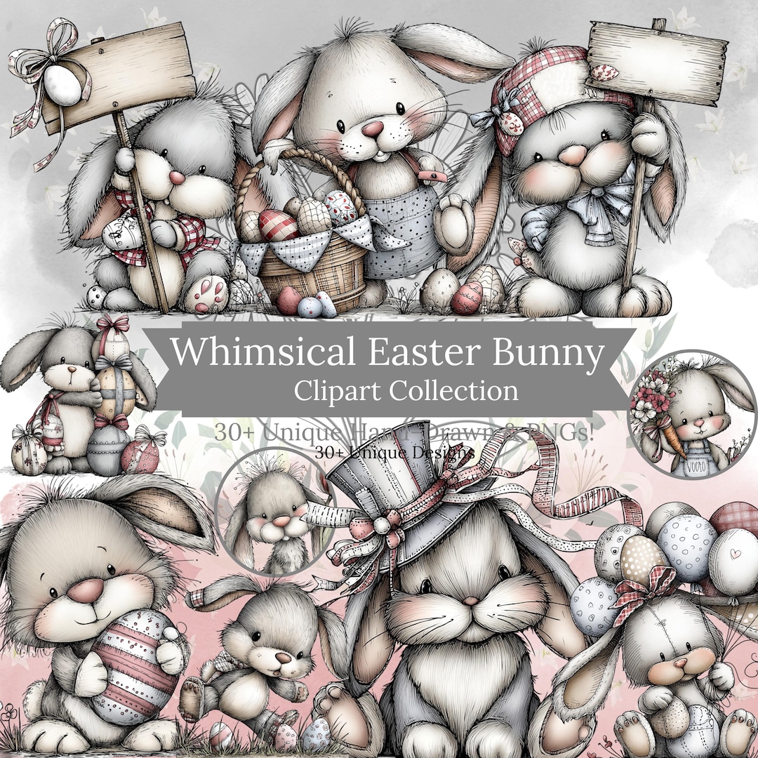 Cute Easter Bunny PNG Bundle 30 Files – Vintage Rabbit Clipart, Pastel ...