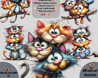 Quirky Cats Clipart Collection, Funny Watercolor Cat Graphics 28 PNG Illustrations, Whimsical Cat Art, Digital Download.