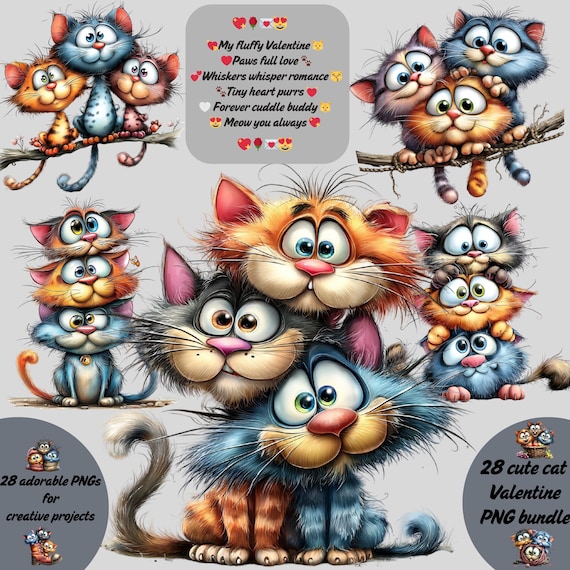Quirky Cats Clipart Collection, Funny Watercolor Cat Graphics 28 PNG Illustrations, Whimsical Cat Art, Digital Download.