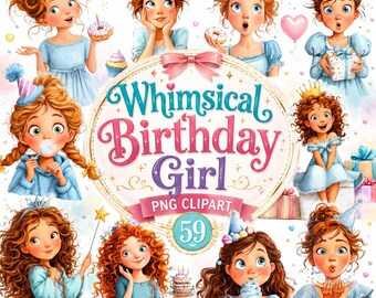 Whimsical Birthday Girl PNG Clipart Bundle, Cute Watercolor Party Girl Set, Kawaii Birthday Girl Sublimation Design, Digital Download