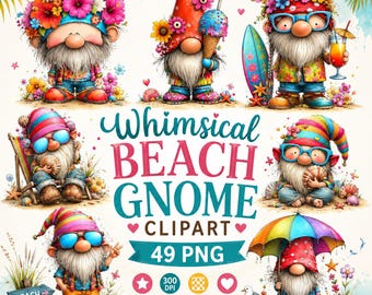 Whimsical Beach Gnome Clipart Bundle PNG, Cute Summer Gnome PNG, Funny Vacation Gnome Clipart, Coastal Gnome Digital Download