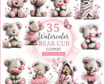 Watercolor Bear Cub Clipart PNG Bundle, Cute Baby Bear Sublimation Designs, Whimsical Animal PNG, Digital Download