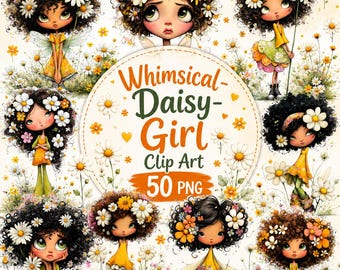 Whimsical Daisy Girl Clipart PNG Bundle, Cute Watercolor Flower Girl PNG, Kawaii Floral Girl Clip Art, Summer Aesthetic Digital Download
