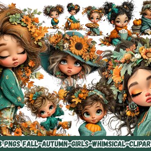 Op de afbeelding: Een verzameling grillige herfst-thema clipart met gestileerde meisjes versierd met herfst elementen. De illustraties tonen meisjes met bloemen haarstukken, pompoenen en herfstbladeren in tinten oranje, blauwgroen en bruin. De tekst onderaan luidt "23 PNGS FALL-AUTUMN-GIRLS-WHIMSICAL-CLIPART".