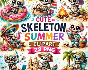 Cute Summer Skeleton PNG Bundle, Funny Beach Skeleton Clipart, Spooky Cute Goth Cartoon Skeleton, Vacation Summer PNG Download