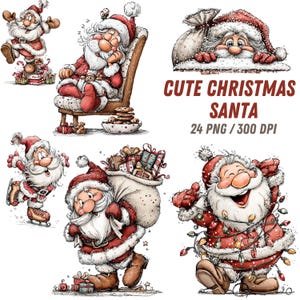 Könnte beinhalten: Eine Sammlung von Aquarellillustrationen des Weihnachtsmanns in verschiedenen Posen. Der Weihnachtsmann wird in seinem traditionellen rot-weißen Anzug dargestellt, der Geschenke trägt, Schlittschuh läuft und sich entspannt. Der Text "CUTE CHRISTMAS SANTA" ist ebenfalls vorhanden.