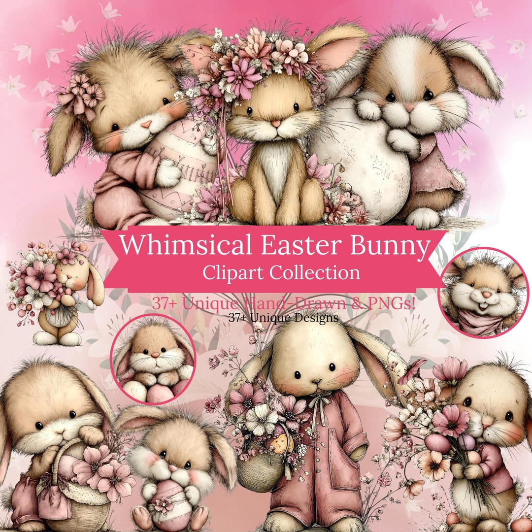 Cute Easter Bunny Clipart PNG Bundle | Pink Floral Baby Bunny ...