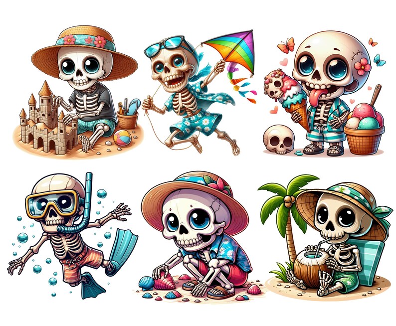 Skeleton And Shell Collection Cute Summer Skeleton PNG Bundle, Funny Beach Skeleton Clipart, Spooky ...