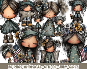 Whimsical 4th Of July Girls PNG Bundle, Patriotic Cute Girls Clipart, Red White Blue Sublimation, American Girl PNG Designs