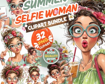 Summer Girl Selfie PNG Bundle, Trendy Woman Clipart, Fashion Girl PNG, Beach Vacation Sublimation Design, Digital Download, Commercial Use