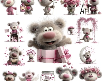Valentines Teddy Bear Clipart Bundle, Watercolor Love Graphics, Quirky PNG, Digital Download, Commercial Use