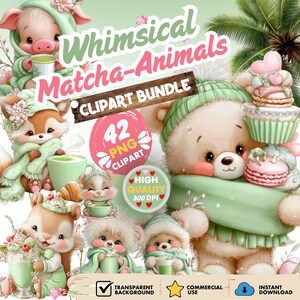 Puede incluir: Un paquete de imágenes prediseñadas digitales con animales lindos como un cerdo, zorro, oso y ardilla con ropa de invierno verde y bebidas matcha. El texto dice Whimsical Matcha-Animals CLIPART BUNDLE, 42 PNG CLIPART y HIGH QUALITY 300 DPI.