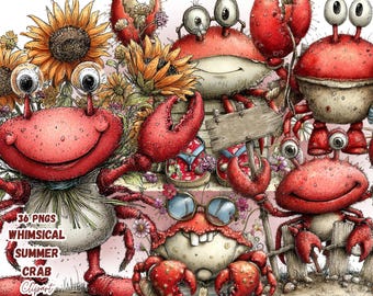 Whimsical Summer Crab Clipart PNG, Cute Beach Ocean Sea Life Graphics, Kawaii Coastal Sublimation Design, Watercolor Summer Bundle
