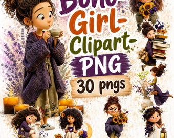 Boho Girl Clipart PNG Bundle 30 Images, Cute Watercolor Bohemian Girl PNG, Sublimation Design, Digital Download, Commercial Use