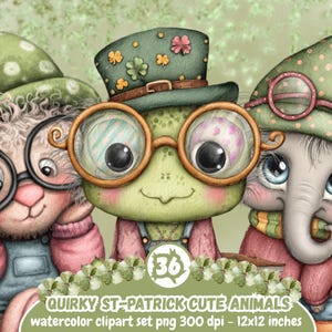 Op de afbeelding: Een aquarel illustratie met drie eigenzinnige St. Patrick's Day dieren: een schaap, een kikker en een olifant, allemaal met brillen en hoeden. De kikker draagt een groene hoge hoed met klavers. De tekst "QUIRKY ST-PATRICK CUTE ANIMALS" is inbegrepen.