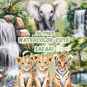 May include: Watercolor illustration featuring a baby elephant, lion cubs, and a tiger cub in a jungle setting with waterfalls and a pond. The image includes the text "36 PNGS WATERCOLOR-CUTE SAFARI Clipart".