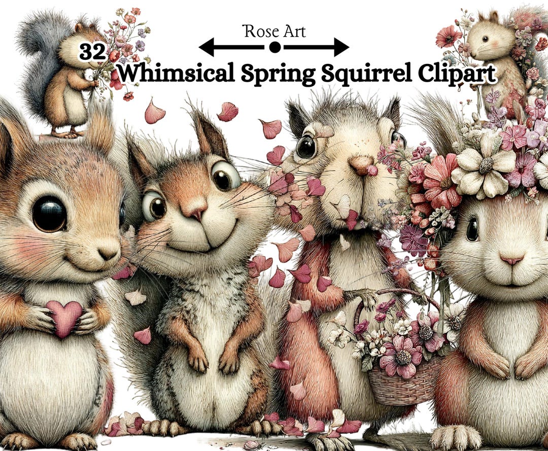 Whimsical Spring Squirrel Clipart, Spring Graphics, Digital Download 32 ...